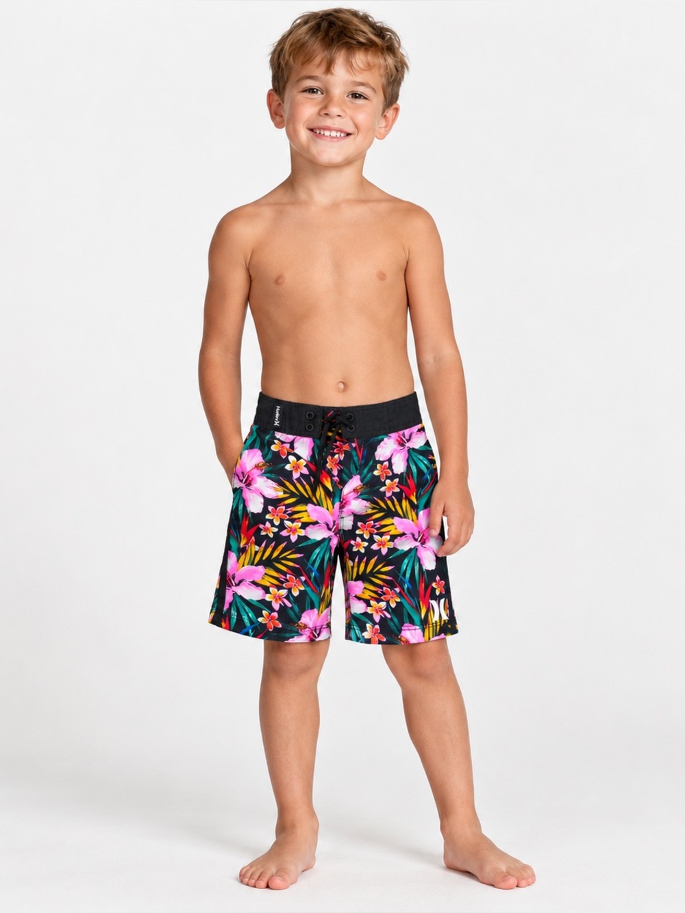 Hurley Boys Tropical Floral Board Shorts Swim Trunks Size 5 Black Pink